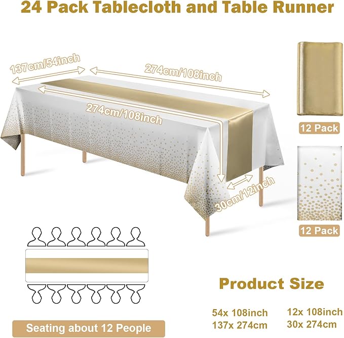 24Pack Disposable Plastic Tablecloths and Satin Table Runner Set