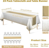 24Pack Disposable Plastic Tablecloths and Satin Table Runner Set
