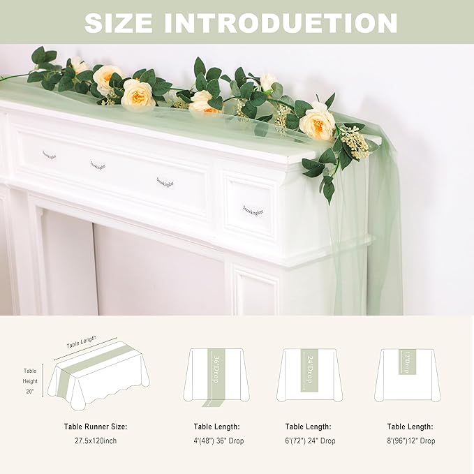 Snowkingdom Sage Green Table Runner, 10 FT Sheer Tulle Cheesecloth