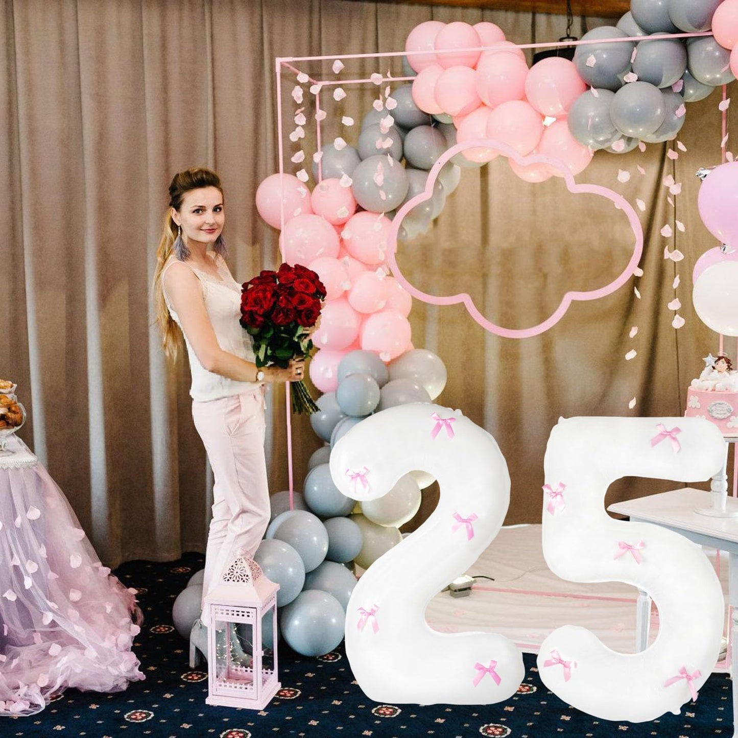 40 Inch White Number Balloons with Pink Bow Coquette Birthday