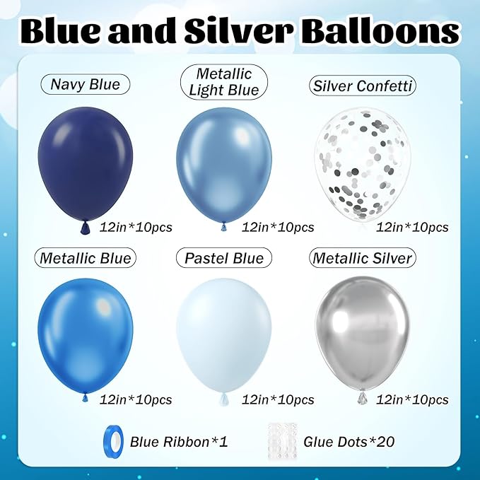 60pcs Blue and Silver Balloons 12inch with Navy Blue Pastel Blue