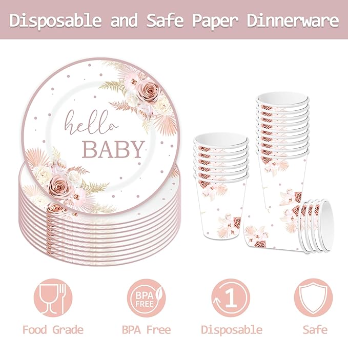120PCS Boho Baby Shower Party Plates and Napkins Cups Hello Baby