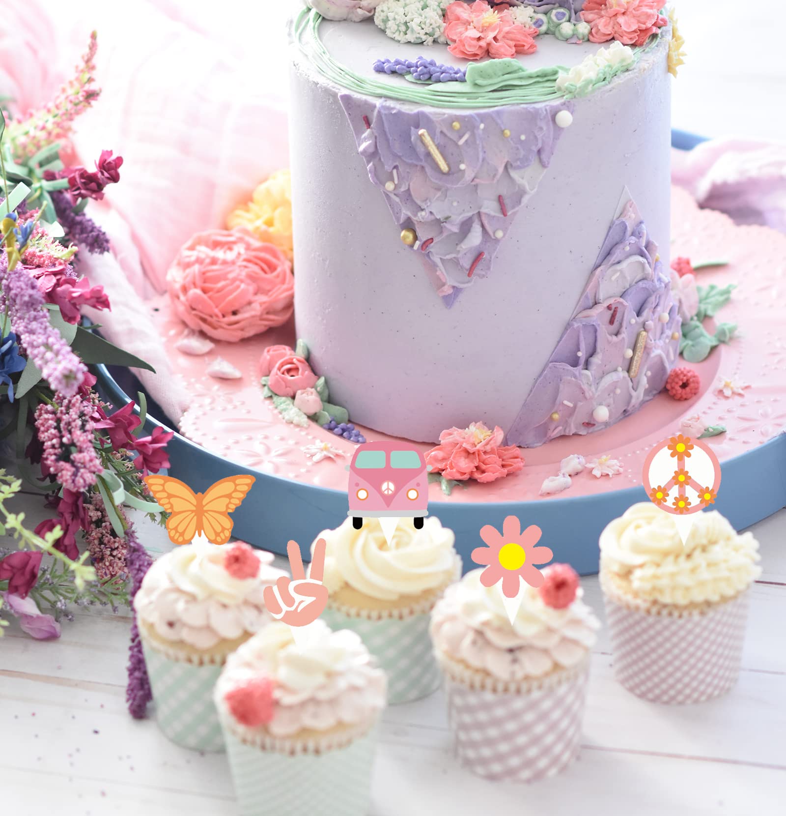 48Pcs Hippie Party Cupcake Toppers for Two Groovy Birthday Party