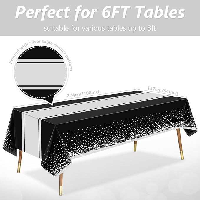 Black and Silver Tablecloth Party Decorations 12 Pack, Disposable