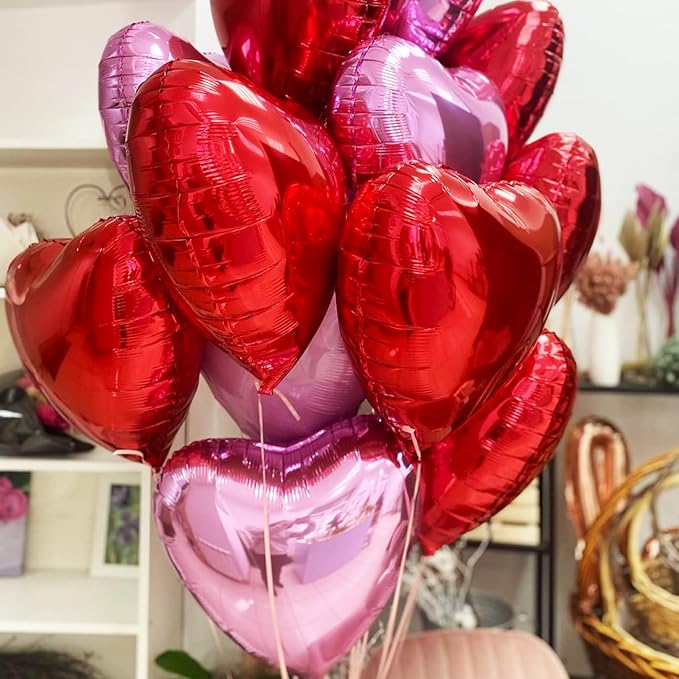 Hot Pink Foil Heart Balloons, 12 Pcs 18 Inch Mylar Heart Shaped Pink