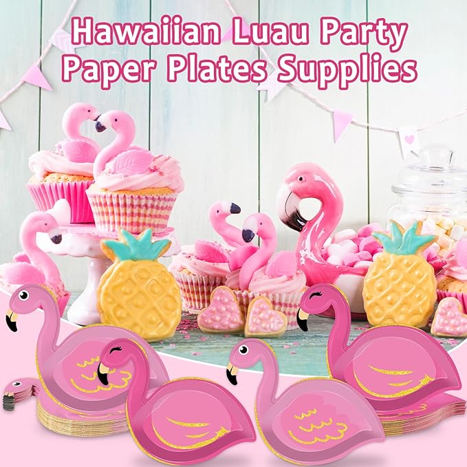 50 Count Hawaiian Luau Party Paper Plates Flamingo Shaped Disposable