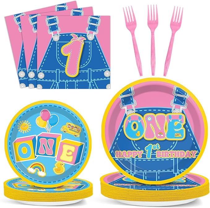 96Pcs Cartoon Girls 1st Birthday Plates and Napkins English Teacher