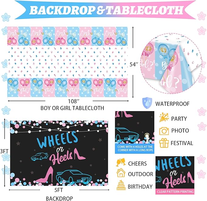 Wheels or Heels Gender Reveal Decorations 169 PCs Boy or Girl Gender