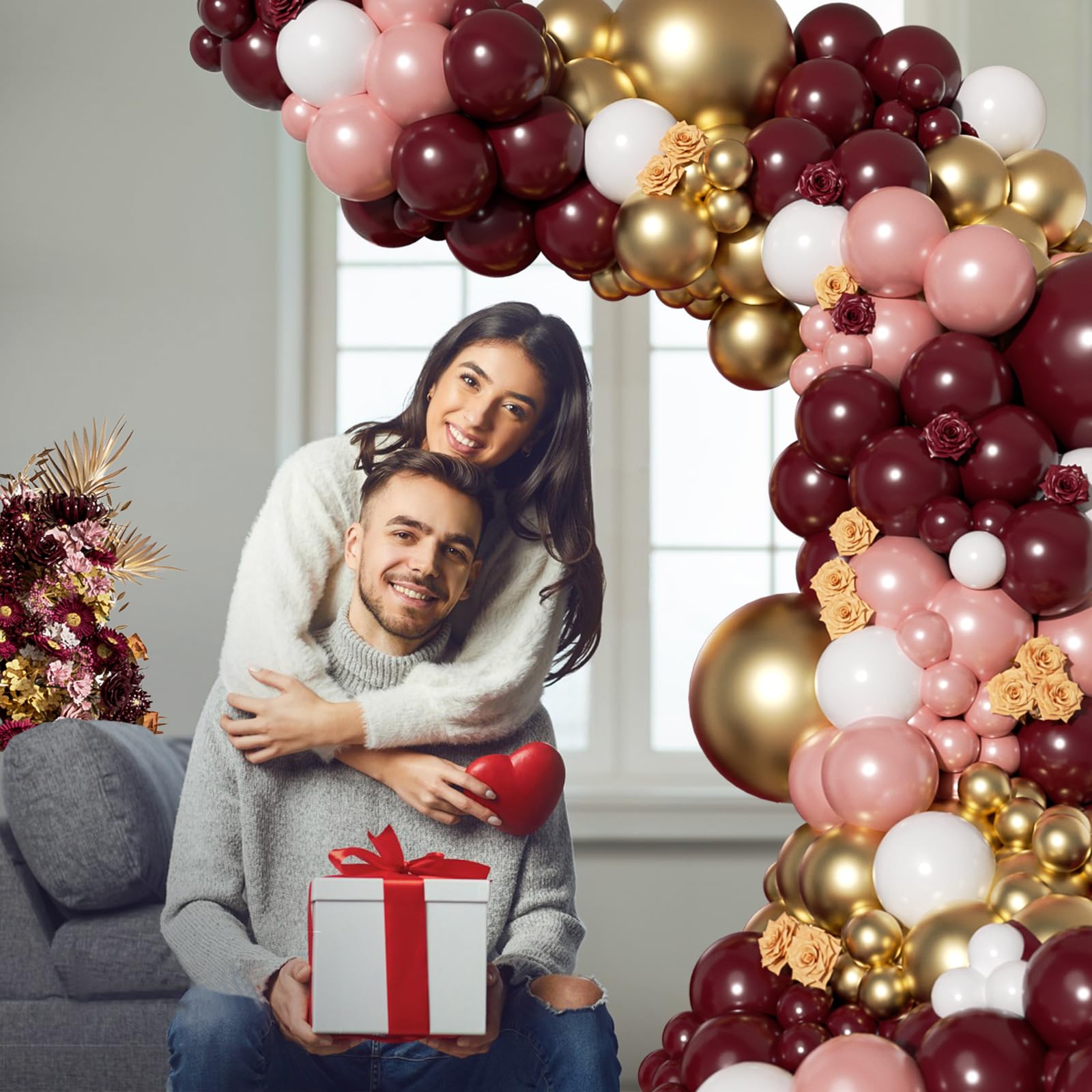 142pcs Burgundy Balloon Arch Garland Kit with Metallic Rose Gold