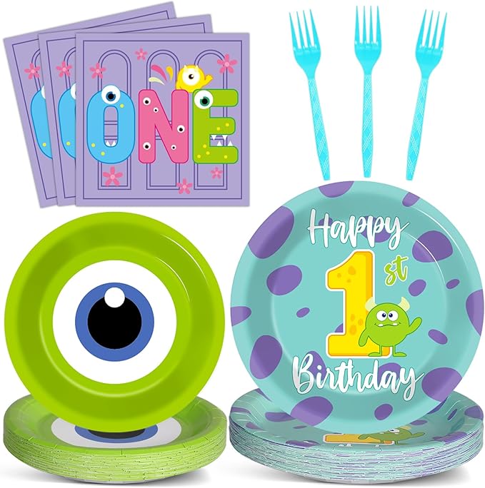 96Pcs Monster 1st Birthday Party Plates and Napkins Happy Monster
