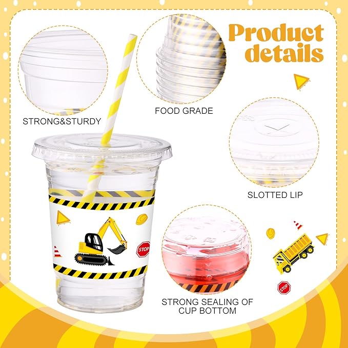 50 Sets Construction Theme Party Plastic Cups with Lids and Straws