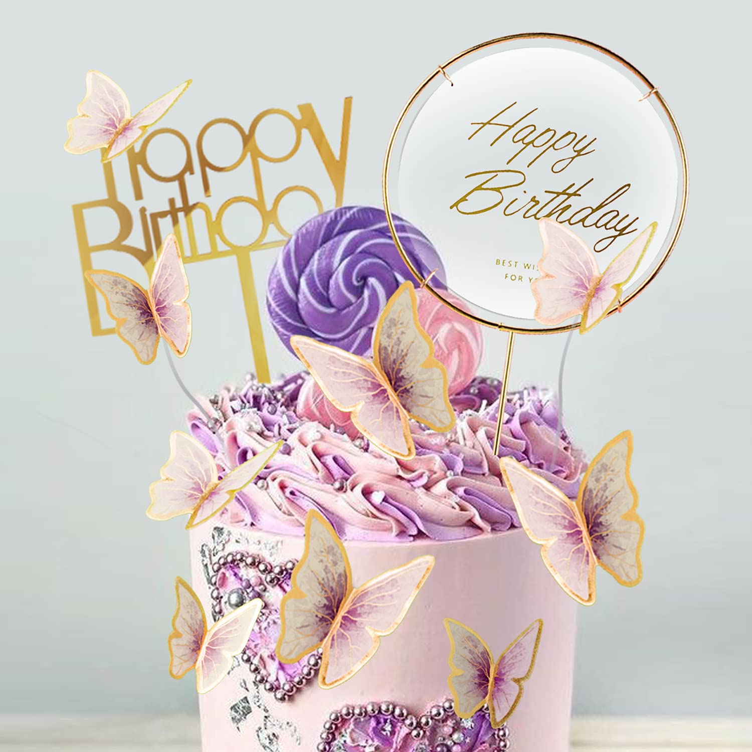 LANGPA 22-Pieces Butterfly Cake Decorations With Happy Birthday Purple