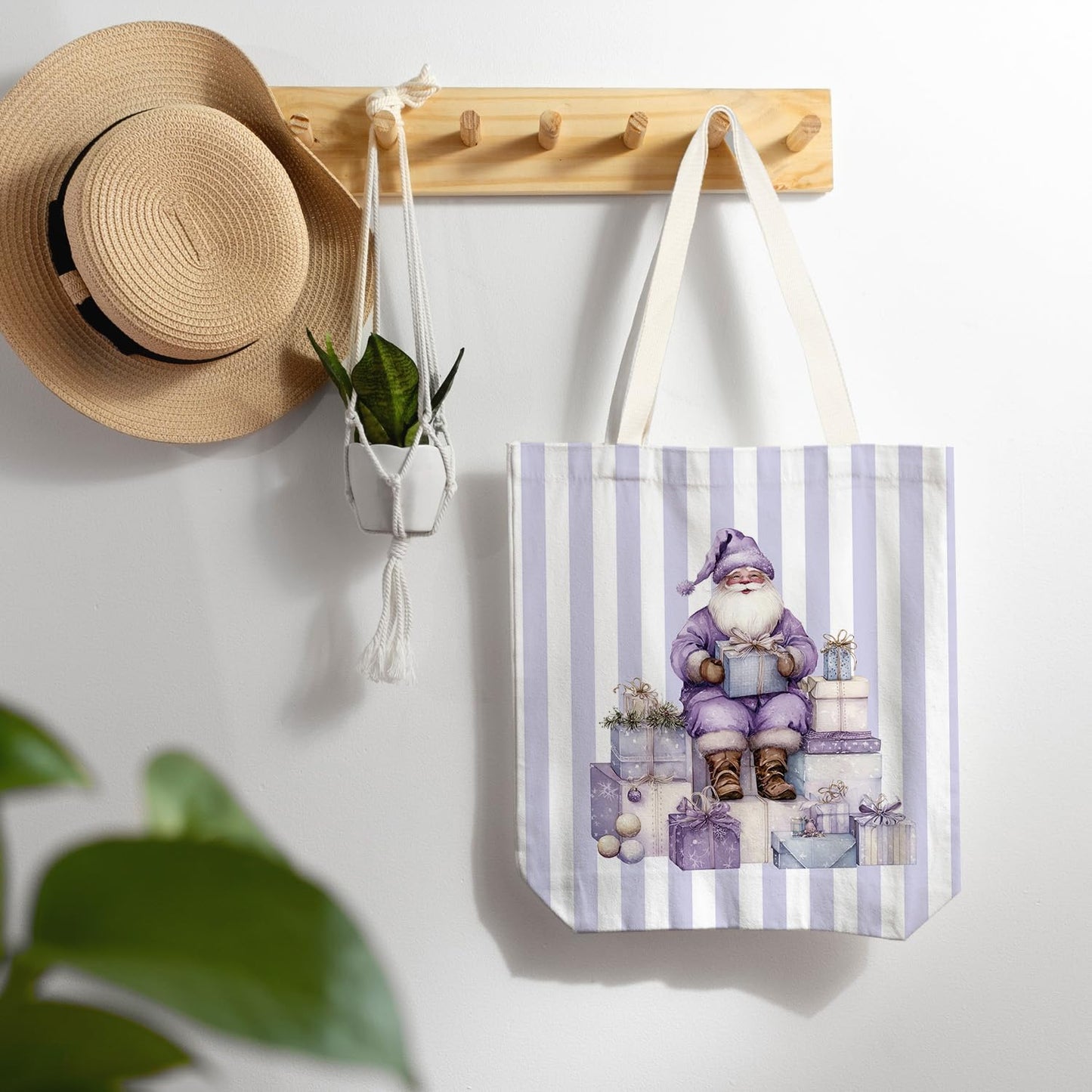 LZYRF Purple Christmas Santa Tote Bag, Preppy Girly Christmas Canvas