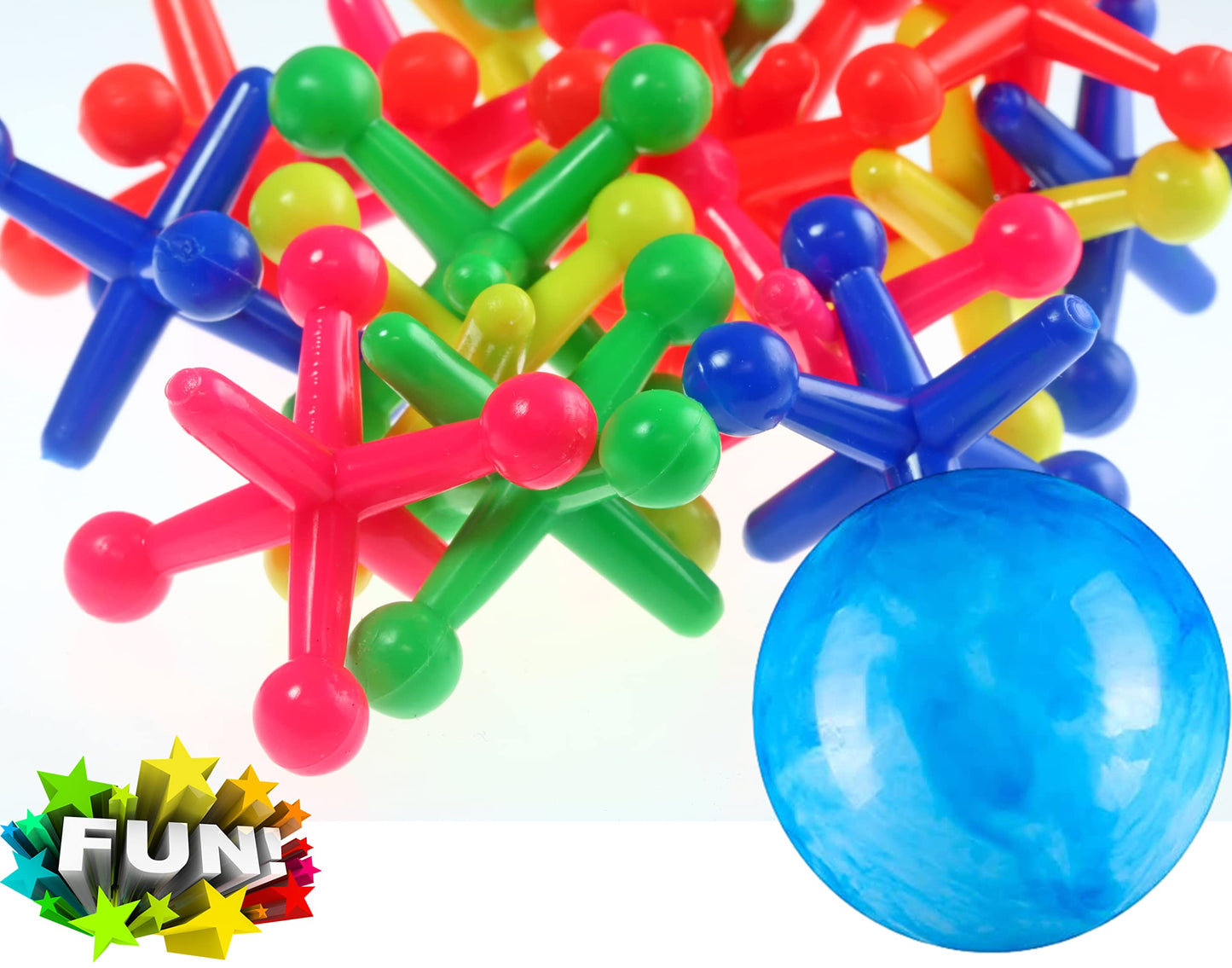 JA-RU Jumbo Jax Toy Set w/Rubber Ball (24 Jax Set) Rainbow Neon Color