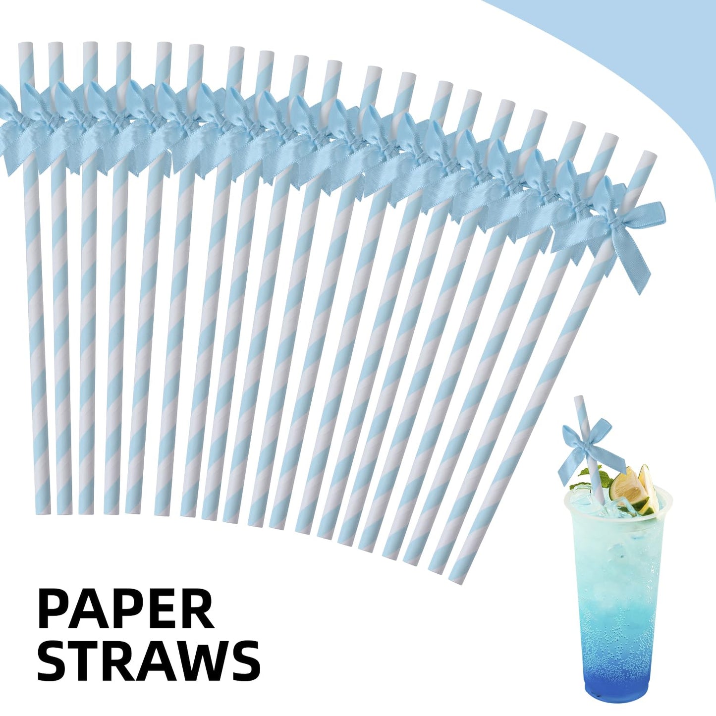Nicime 50pcs Blue Bow Straw, 7.7inch Biodegradable Cute Girly Paper