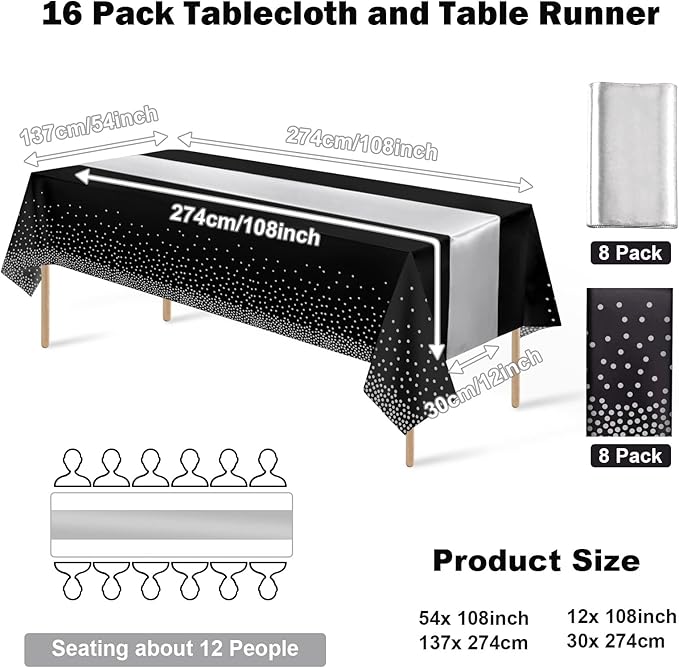 16Pack Disposable Plastic Tablecloths and Satin Table Runner Set