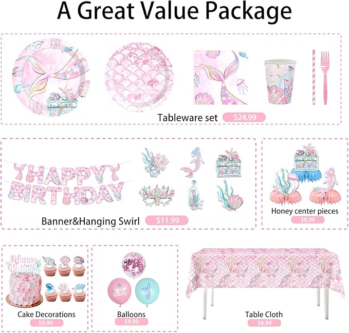 175PCS Mermaid Party Decorations Mermaid Theme Party Supplies Plates