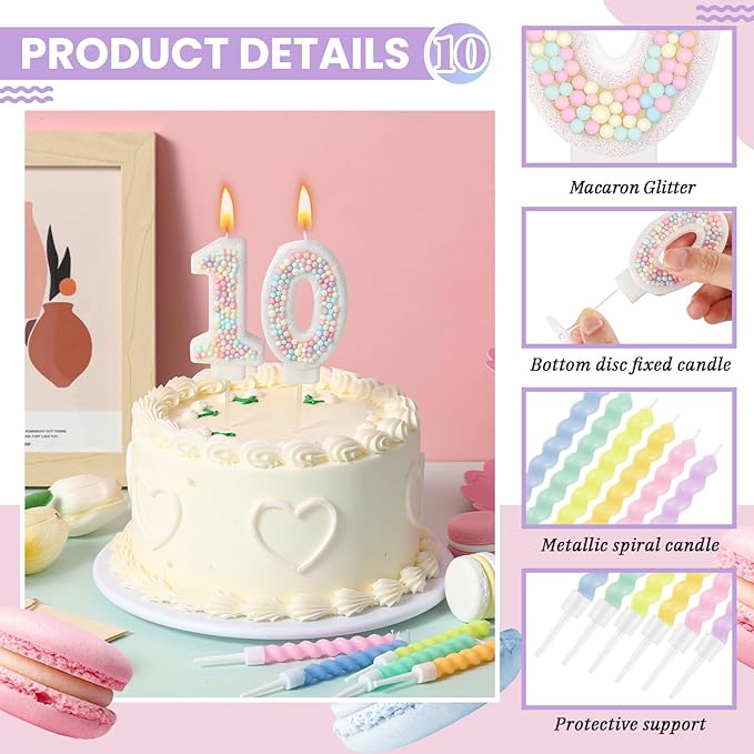 MTLEE Number 10 Birthday Candle with 12 Pcs Spiral Candles for Girls