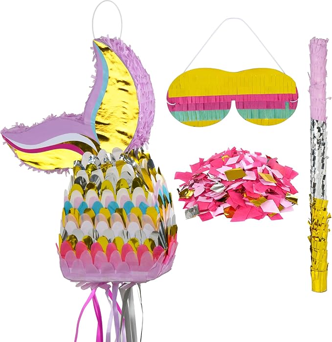 Small Mermaid Tail Pinata 16.5x12x3 Inches with a Blindfold a Bat