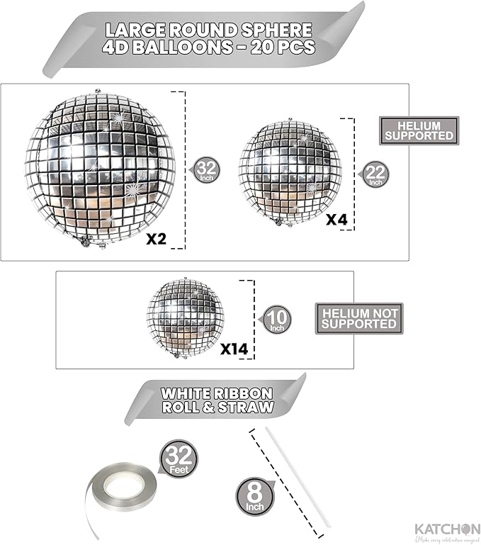 KatchOn, Silver Disco Ball Balloons - 32 Inch, Pack of 20 | Shiny