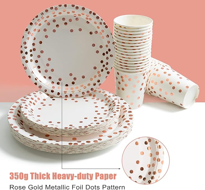HOMIX 175 Pieces Rose Gold Party Supplies - Rose Gold Dot on White