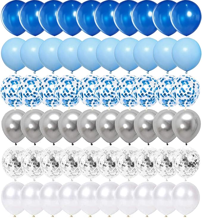 OuMuaMua 62pcs Blue Silver White Confetti Balloons Kit, 12 Inch White