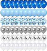 OuMuaMua 62pcs Blue Silver White Confetti Balloons Kit, 12 Inch White