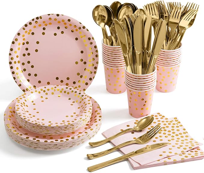 HOMIX Pink and Gold Party Supplies, Disposable 175Pcs Gold Dots on