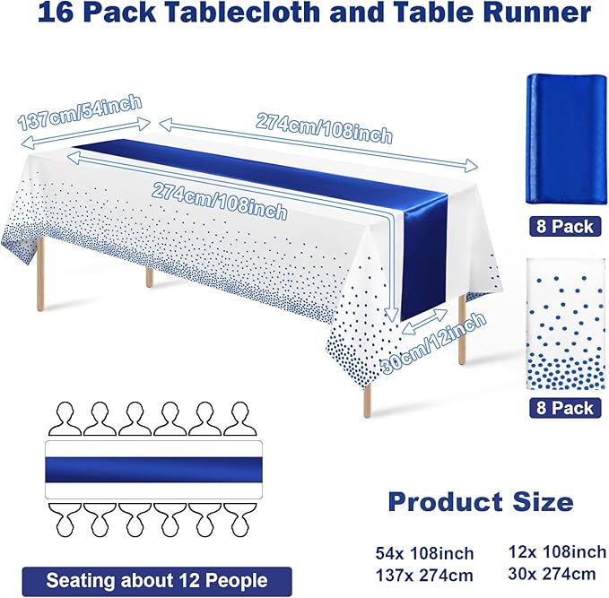 16Pack Disposable Plastic Tablecloths and Satin Table Runner Set White