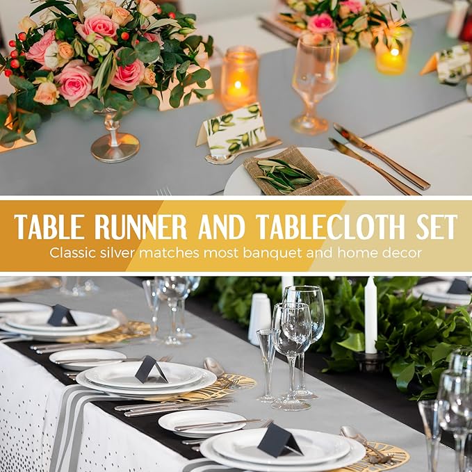 Breling 8 Pack White and Silver Disposable Plastic Tablecloths and