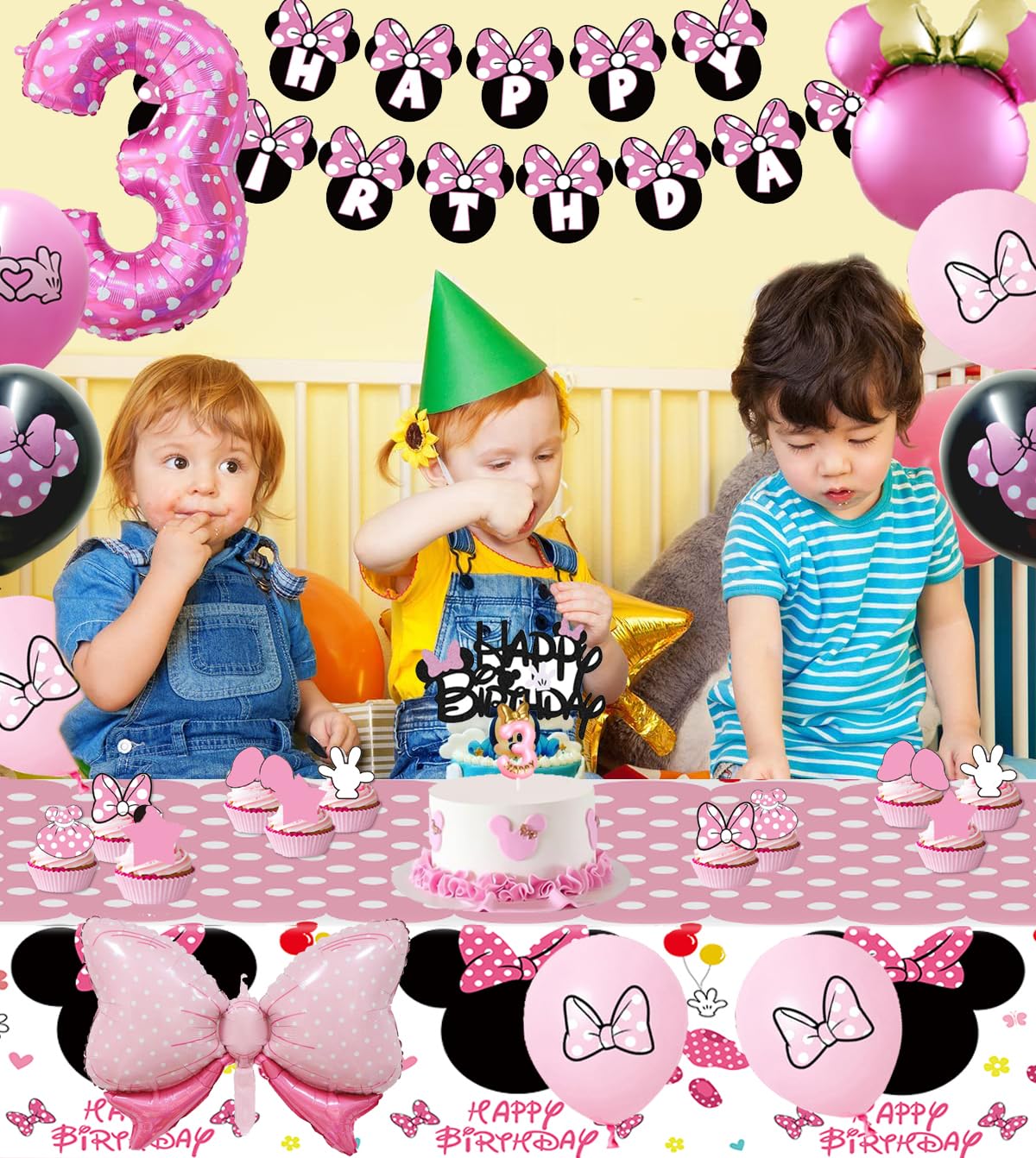 Pink Mouse 3rd Birthday Party Supplies, Three Years Old Girl Bow Party