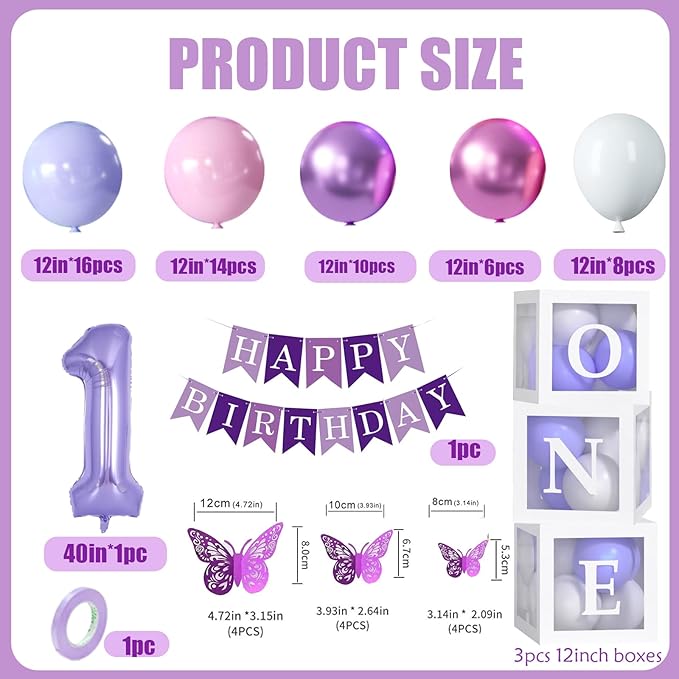 Baby Girl Purple First Birthday Decorations Pink Purple Balloons 40