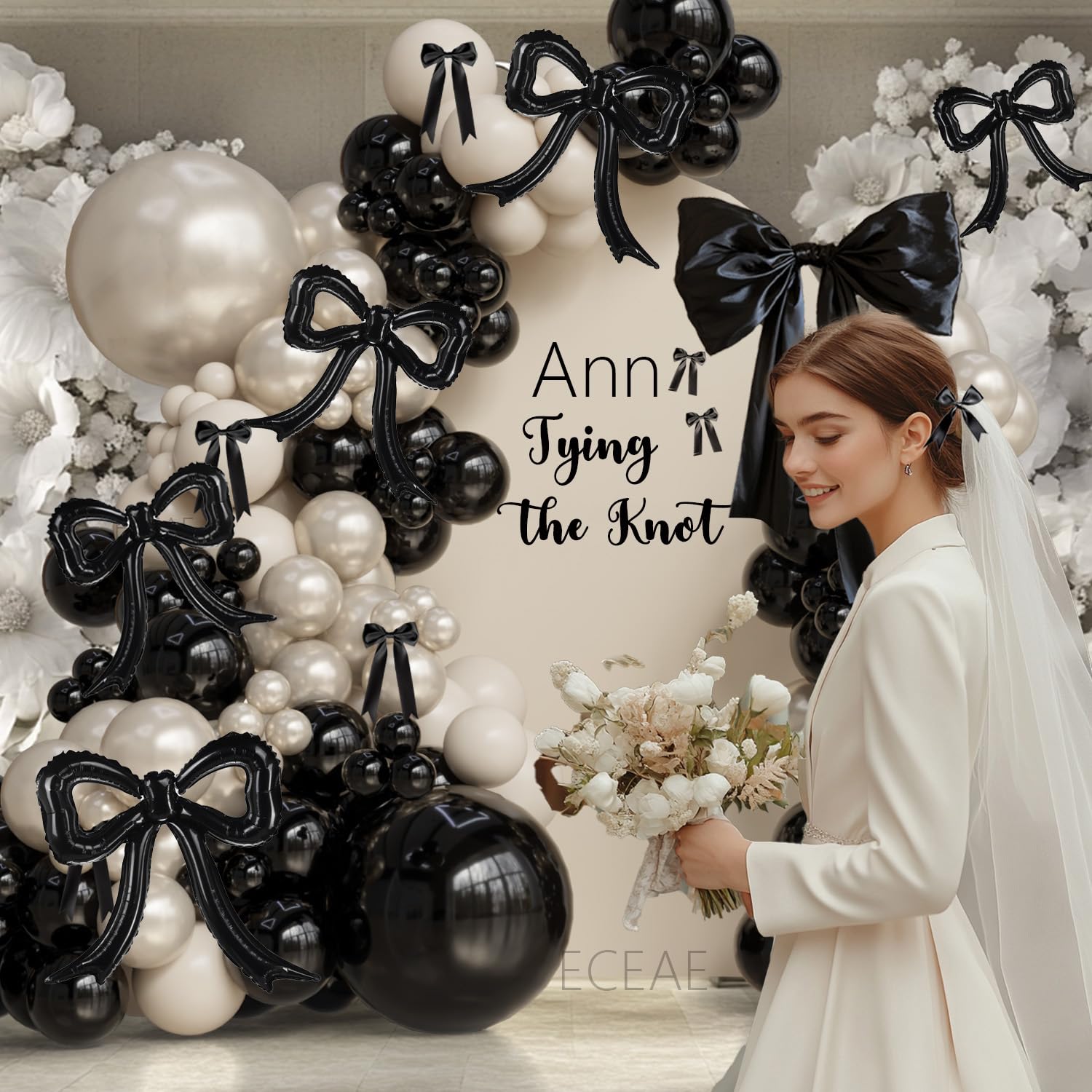 6pcs Black Bow Foil Balloons Bow Mylar Balloon Set for Coquette