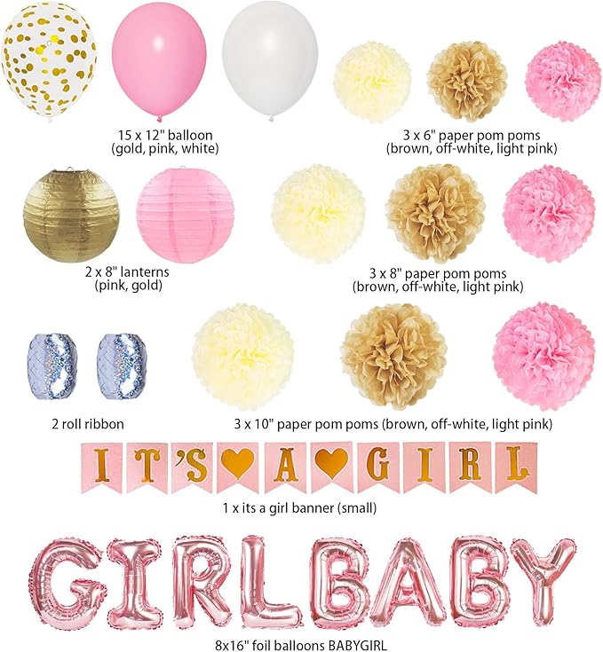 Ouddy Party Pink Baby Shower Decorations for Girls with Its a Girl