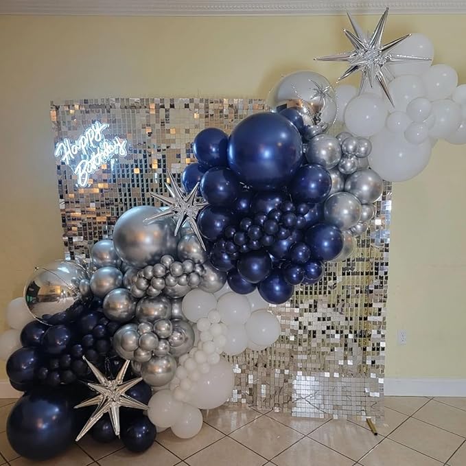 Blue and Silver Balloons Arch Garland Kit, 134pcs Navy Blue and