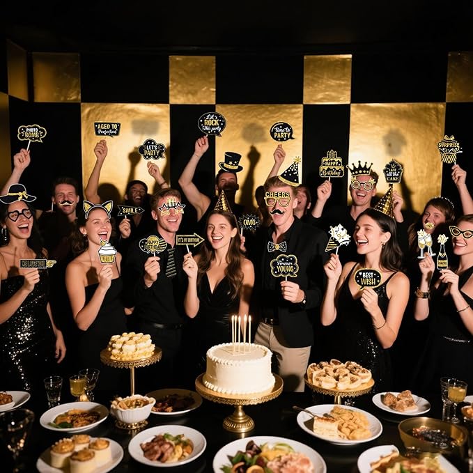 JOJO FLY 36 Pcs Birthday Photo Booth Props Kit, Black and Gold Party