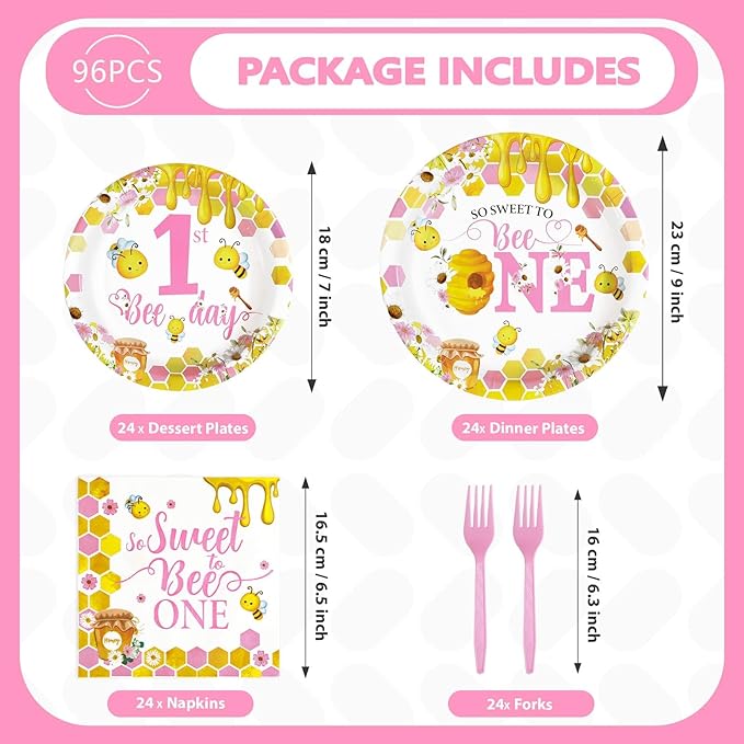 96Pcs Pink Bee 1st Birthday Party Supplies Honey First Bee Girls