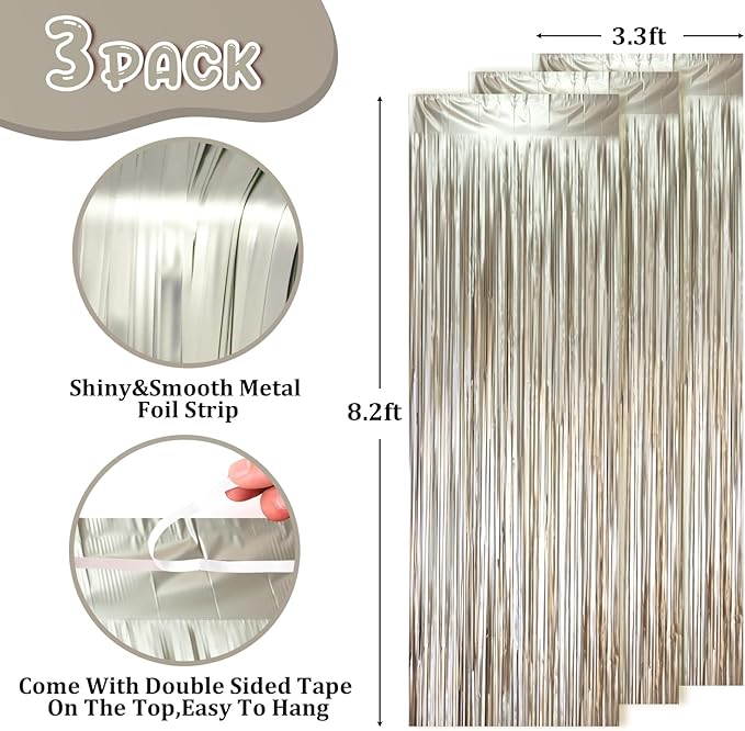 Voircoloria 3 Pack 3.3 x 8.2 ft Matte Champagne Foil Fringe Backdrop