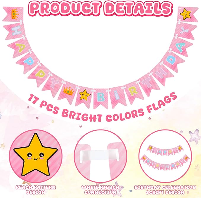 Pink Princess Party Supplies 8.2ft Happy Birthday Banner Signs Pink