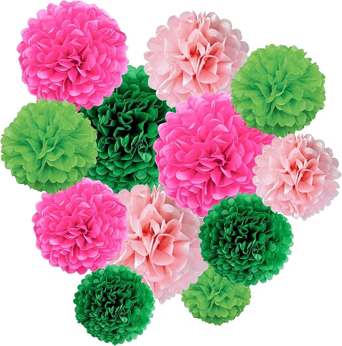 ZOOYOO Paper Tissue Pom Poms, 12 Pcs Green Pink Pompoms Party Hanging
