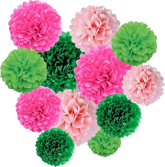 ZOOYOO Paper Tissue Pom Poms, 12 Pcs Green Pink Pompoms Party Hanging