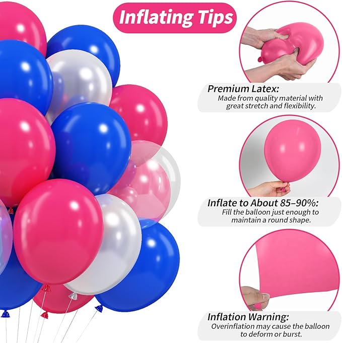 Pink Blue White Balloons, 12 Inch Royal Blue Hot Pink Fuchsia Pearl