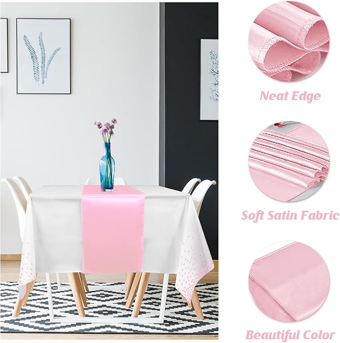 8Pack Disposable Plastic Tablecloths and Satin Table Runner Set White
