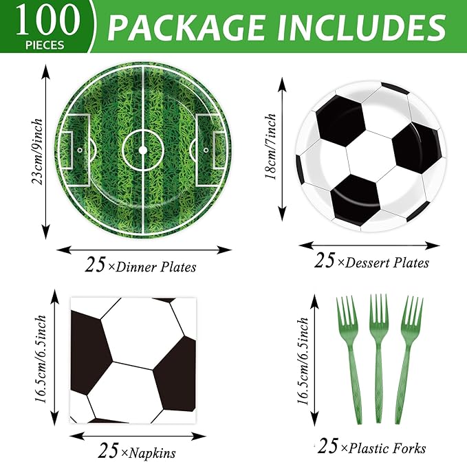100 Pcs Soccer Party Plates and Napkins Set Sports Birthday Party