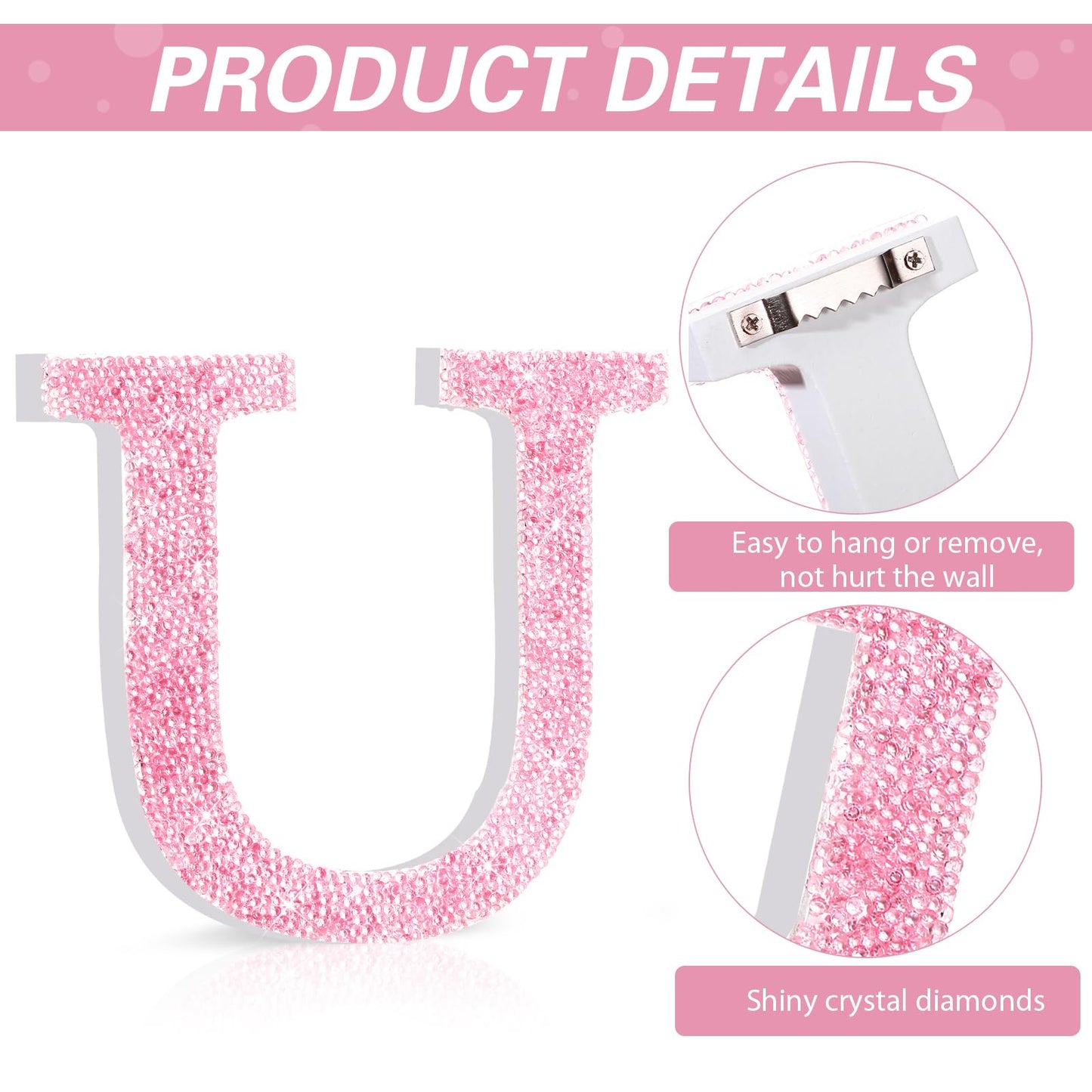Qunclay Pink Crystal Diamond Letter Wall Decor, Glitter Wooden Bling