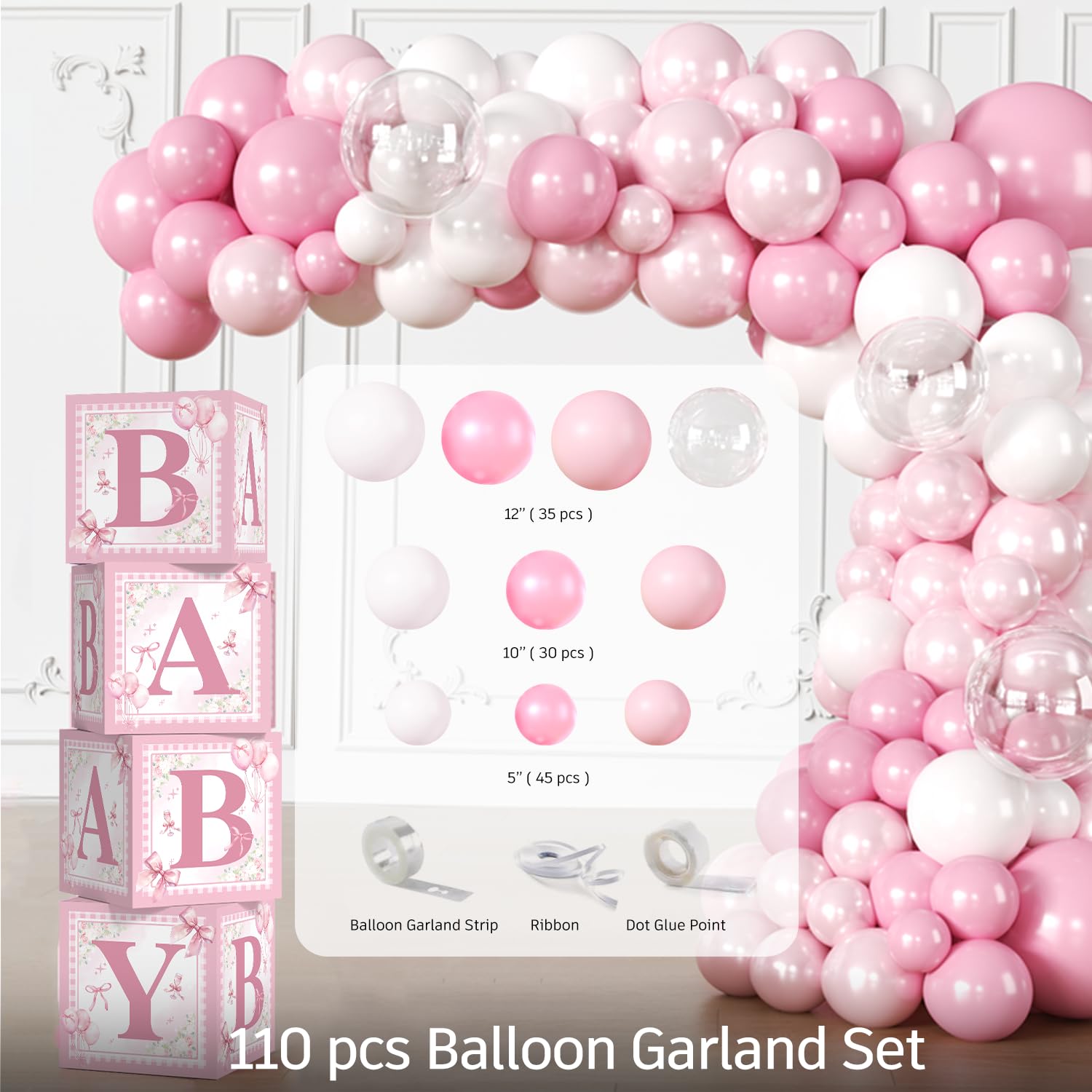 cocomigo 274 Pcs Pink Bow Baby Shower Decorations, All-in-One Party