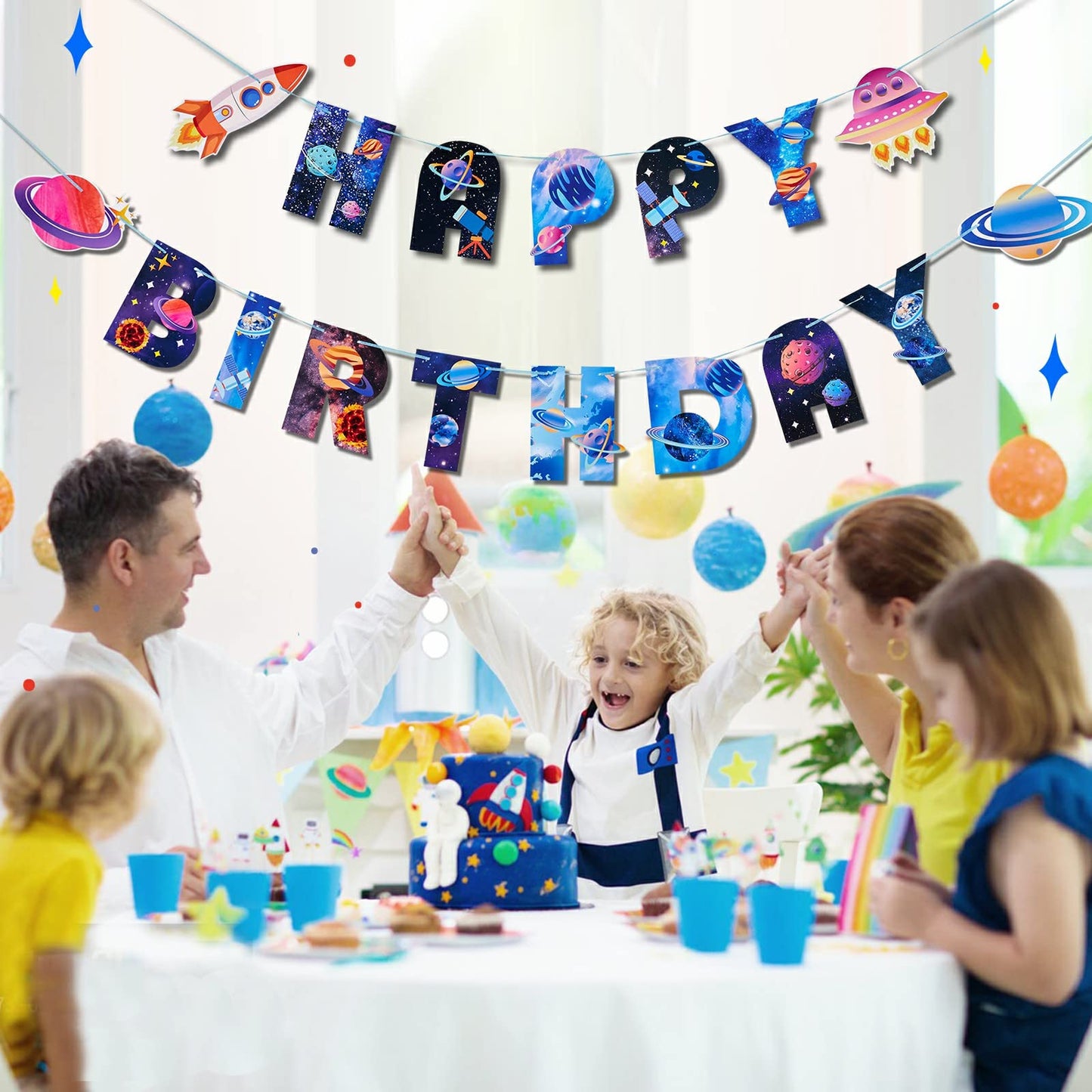 SUNBEAUTY Universe Outer Space Theme Birthday Banner Galaxy Happy