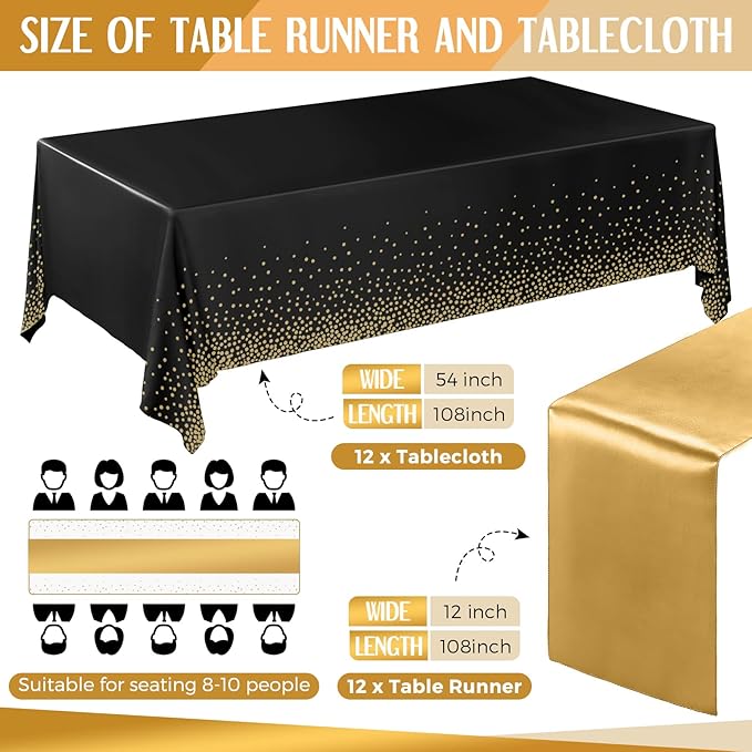 Breling 24 Packs Black and Gold Disposable Plastic Tablecloths and