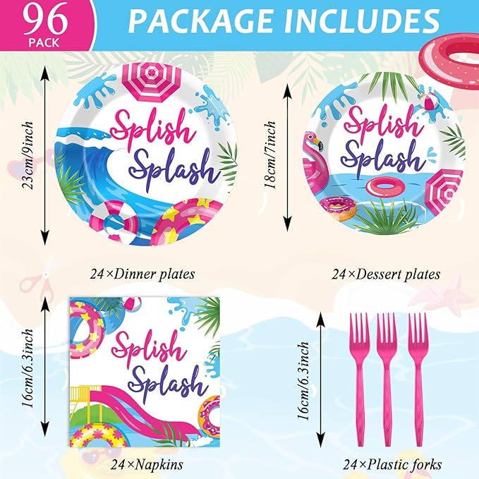 96Pcs Pink Splish Splash Plates and Napkins Summer Pool Birthday