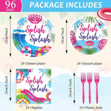 96Pcs Pink Splish Splash Plates and Napkins Summer Pool Birthday